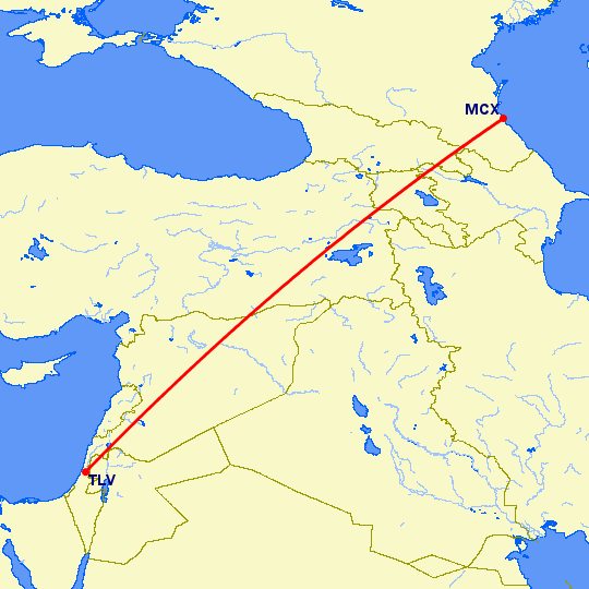 перелет Махачкала — Тель Авив на карте
