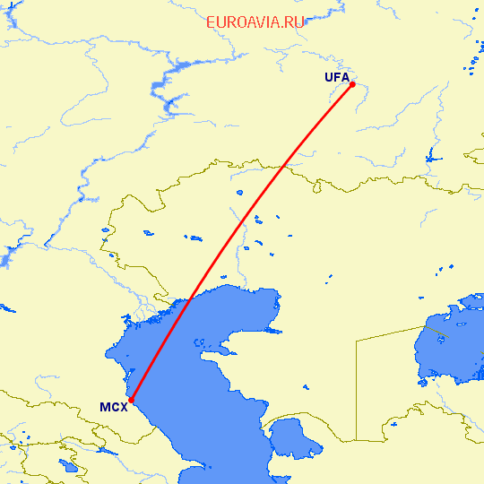 перелет Махачкала — Уфа на карте