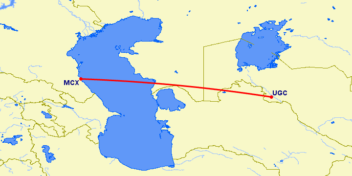 перелет Махачкала — Ургенч на карте