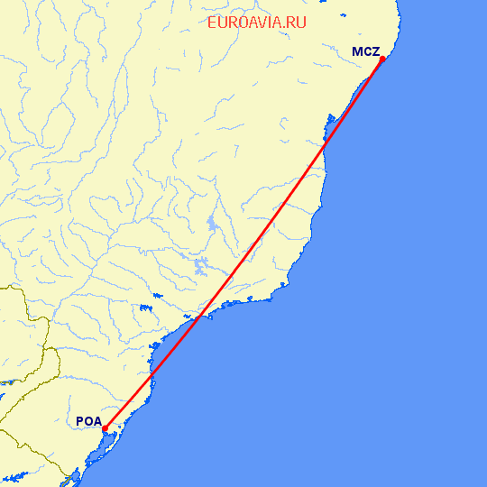 перелет Масейо — Порто Алегре на карте