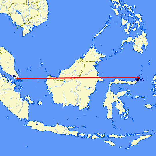 перелет Манадо — Сингапур на карте