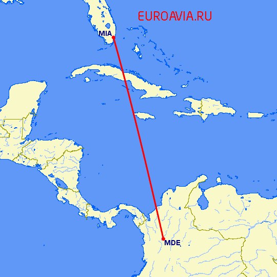 перелет Меделлин — Майами на карте