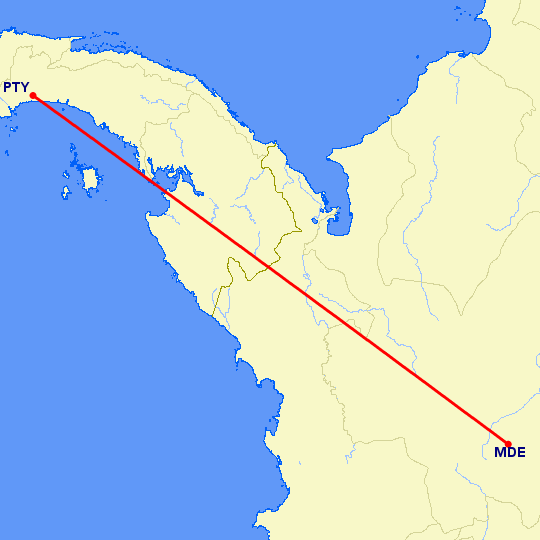 перелет Меделлин — Панама Сити на карте