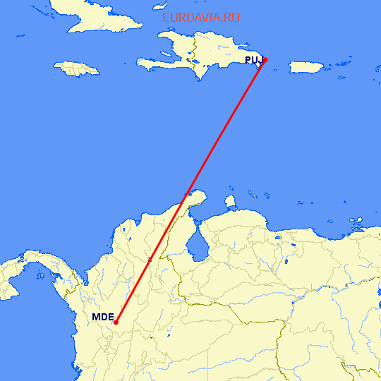 перелет Меделлин — Пунта Кана на карте