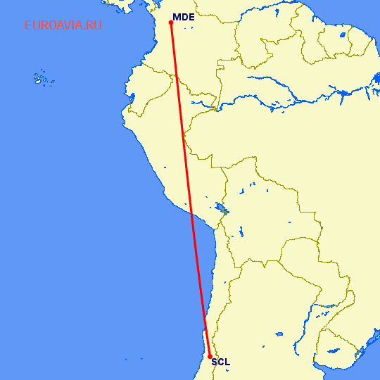 перелет Меделлин — Сантьяго на карте