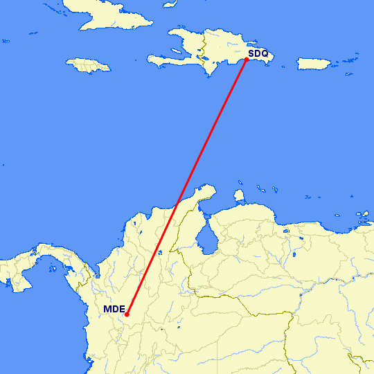 перелет Меделлин — Санто Доминго на карте