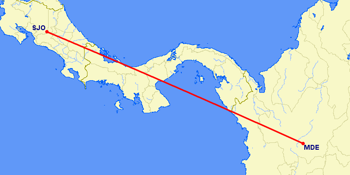 перелет Меделлин — Сан Хосе на карте