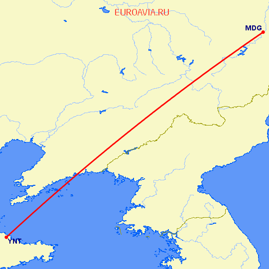 перелет Муданьцзян — Янтай на карте