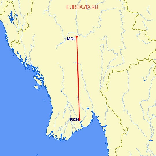 перелет Мандалай — Янгон на карте