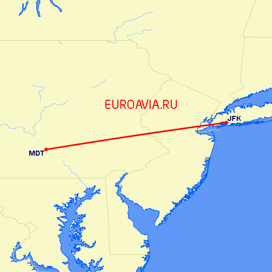 перелет Харрисбург — Нью Йорк на карте