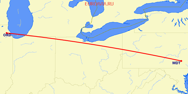перелет Харрисбург — Чикаго на карте