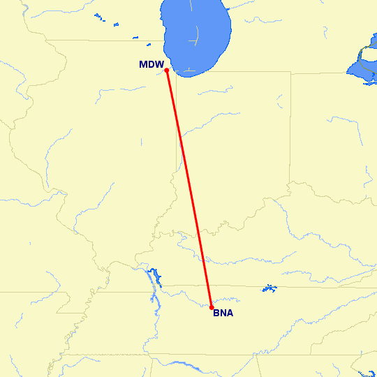 перелет Чикаго — Нашвилл на карте