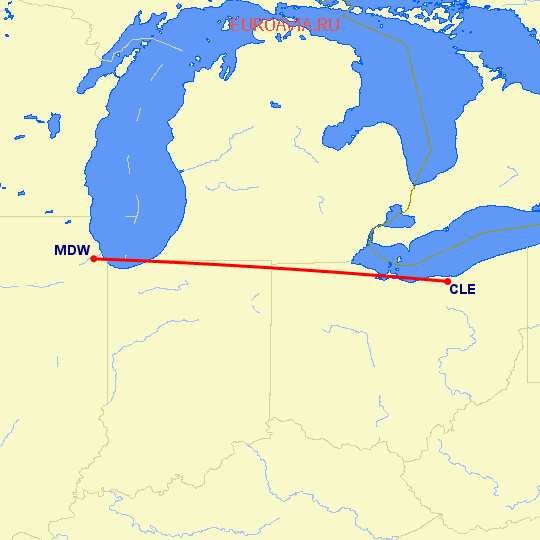 перелет Чикаго — Кливленд на карте