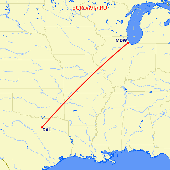 перелет Чикаго — Даллас на карте