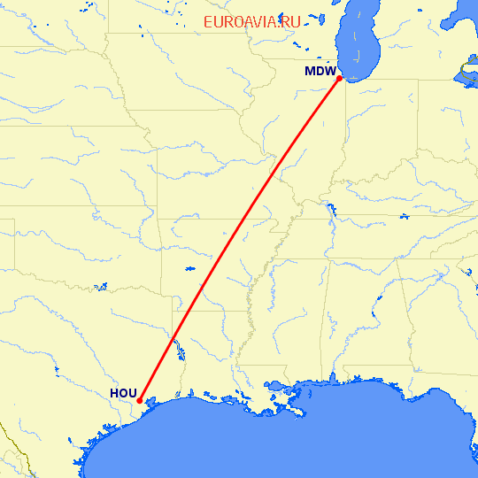 перелет Чикаго — Хьюстон на карте