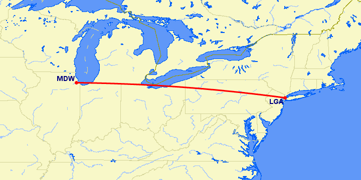 перелет Чикаго — Нью Йорк на карте