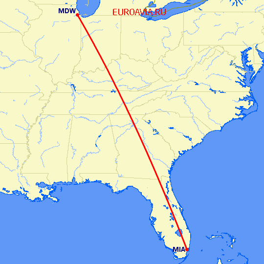 перелет Чикаго — Майами на карте