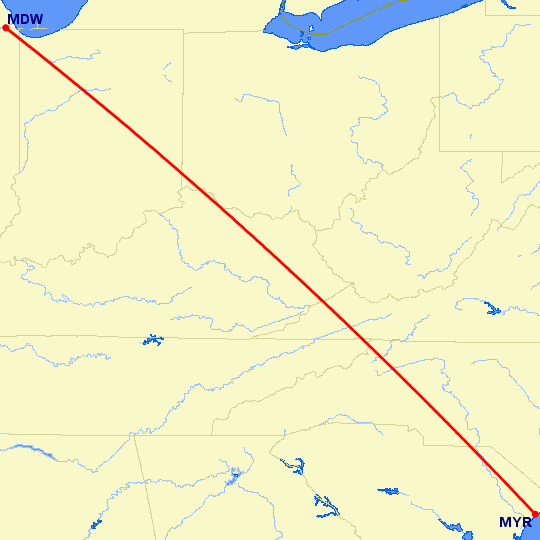 перелет Чикаго — Миртл Бич на карте