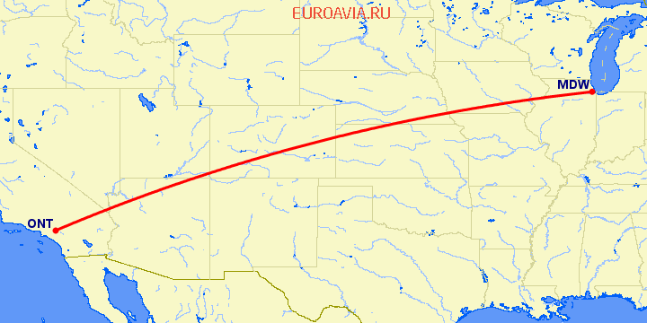 перелет Чикаго — Онтарио на карте