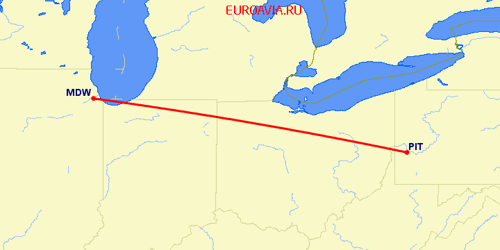 перелет Чикаго — Питтсбург на карте