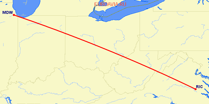 перелет Чикаго — Ричмонд на карте