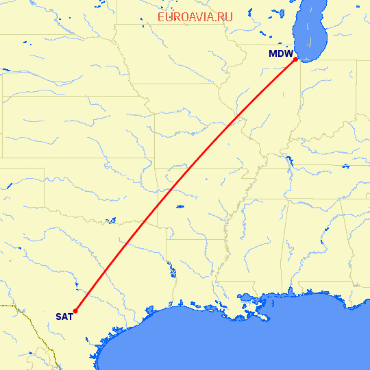 перелет Чикаго — Сан Антонио на карте