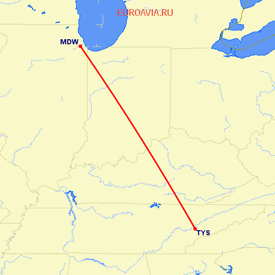 перелет Чикаго — Ноксвилл на карте