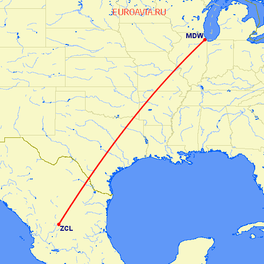 перелет Чикаго — Закатекас на карте