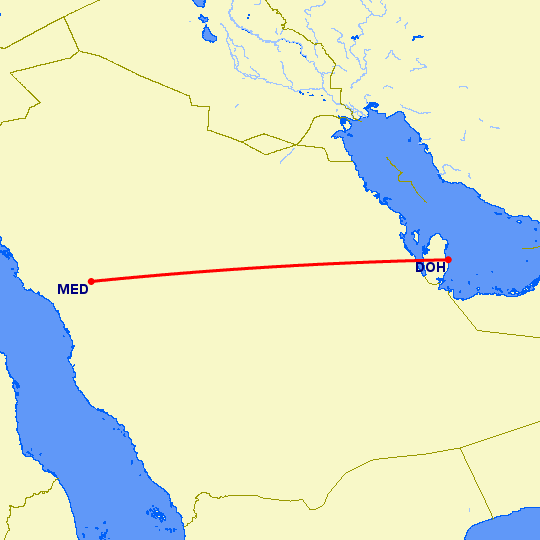 перелет Медина — Доха на карте