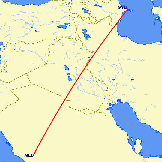 перелет Медина — Баку на карте