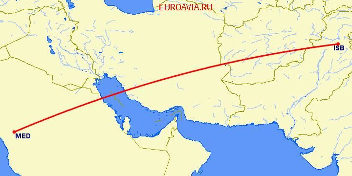 перелет Медина — Islamabad на карте