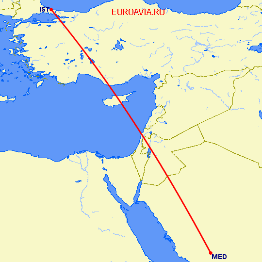 перелет Медина — Стамбул на карте