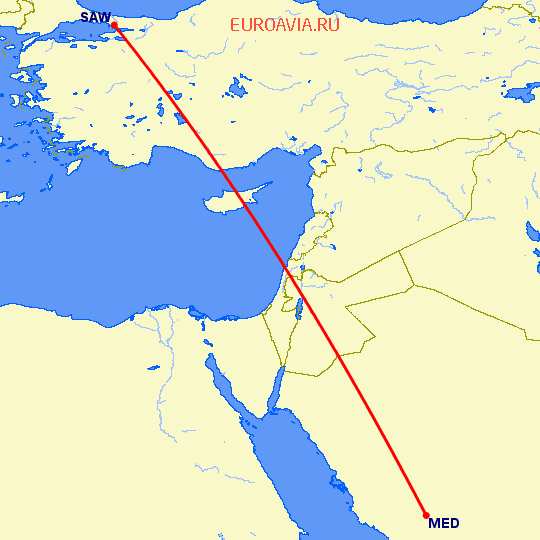 перелет Медина — Стамбул на карте