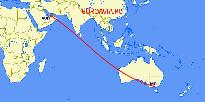 перелет Мельбурн — Абу Даби на карте
