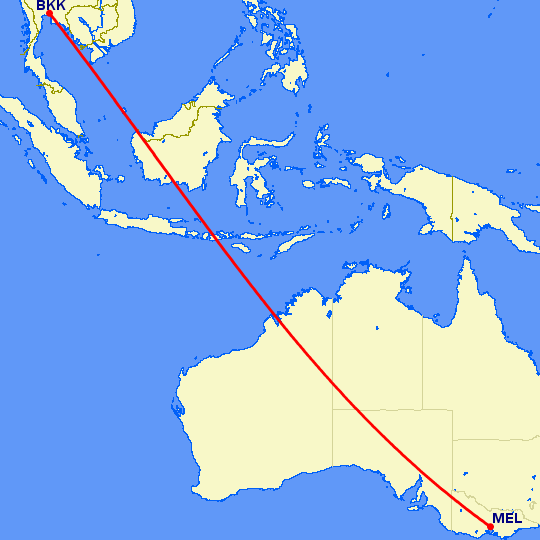 перелет Мельбурн — Бангкок на карте