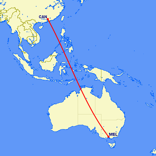 перелет Мельбурн — Гуанчжоу на карте