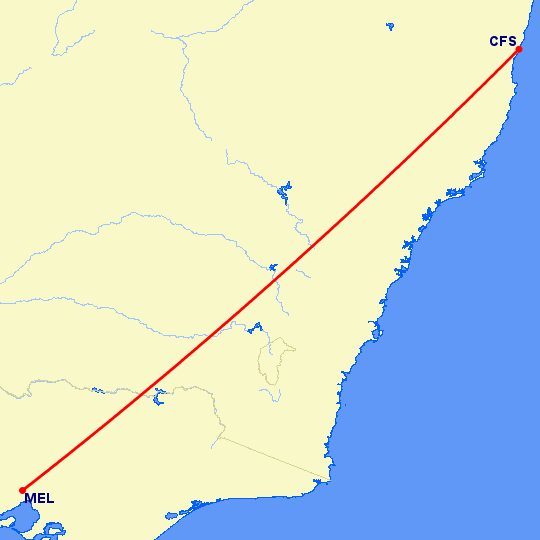 перелет Мельбурн — Коффс Харбор на карте