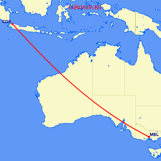 перелет Мельбурн — Джакарта на карте