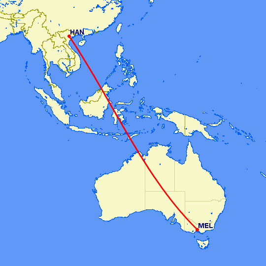 перелет Мельбурн — Ханой на карте