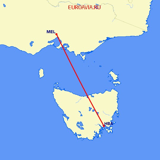 перелет Мельбурн — Хобарт на карте