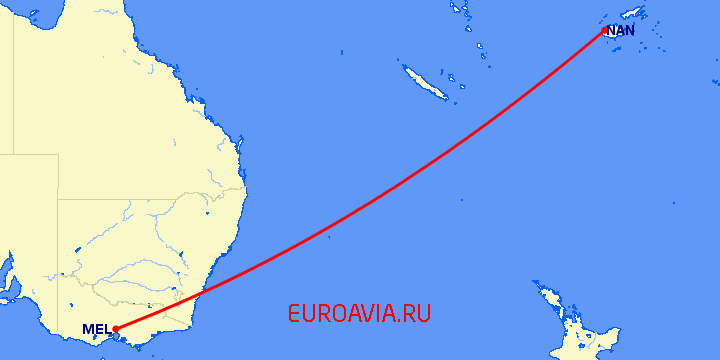 перелет Мельбурн — Нади на карте
