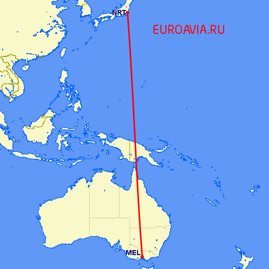 перелет Мельбурн — Токио на карте