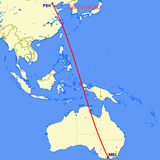 перелет Мельбурн — Пекин на карте