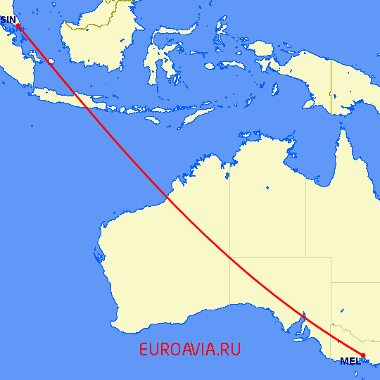 перелет Мельбурн — Сингапур на карте