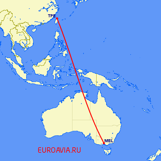 перелет Мельбурн — Тайбэй на карте