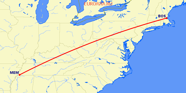 перелет Мемфис — Бостон на карте