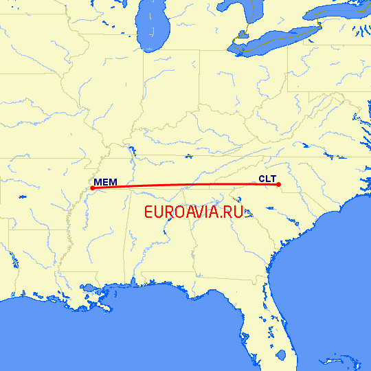 перелет Мемфис — Шарлотт на карте