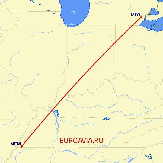 перелет Мемфис — Детройт на карте