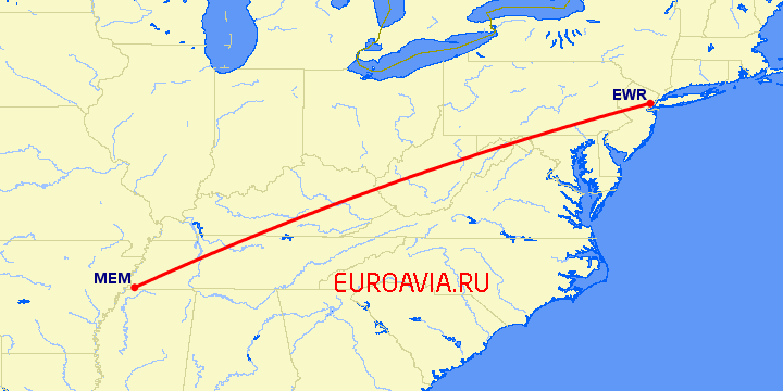 перелет Мемфис — Ньюарк на карте