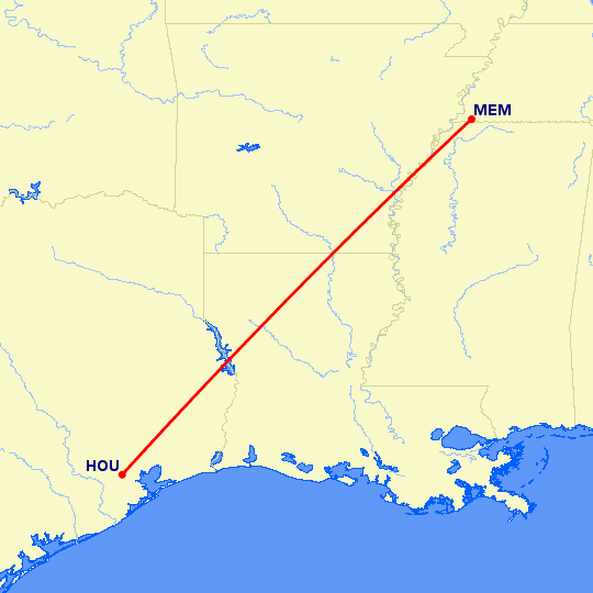 перелет Мемфис — Хьюстон на карте